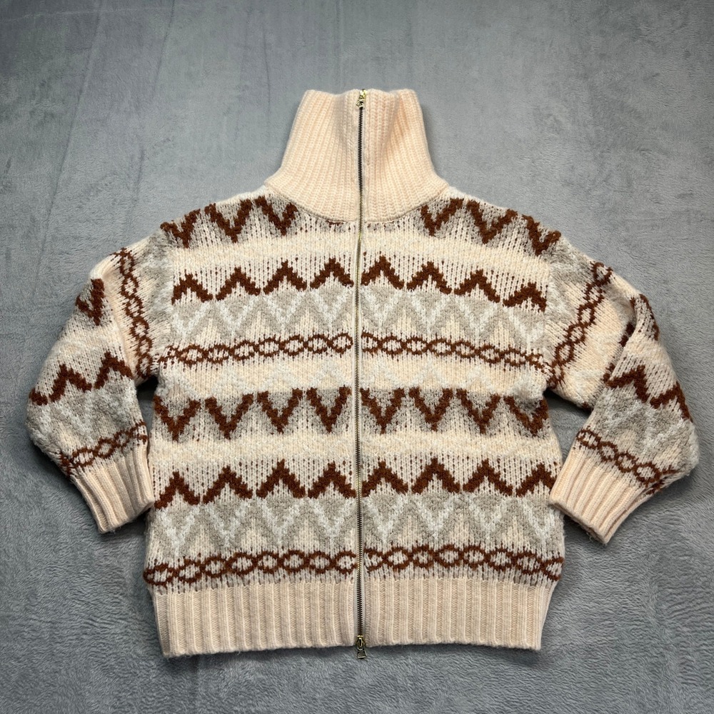 Varley Brooke Fairisle Knit Sweater Jacket Womens Cream Brown Full Zip Nordic L